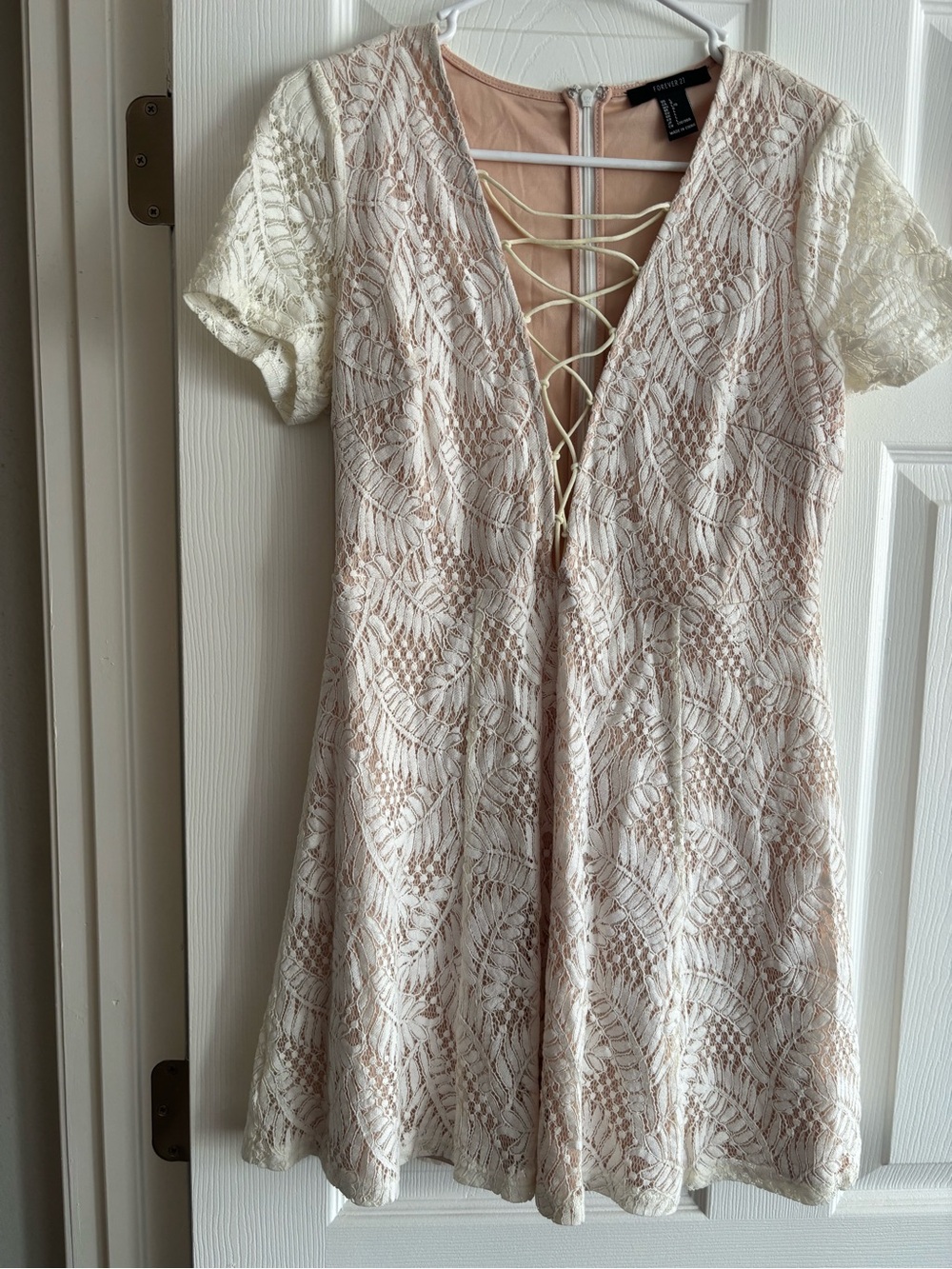 Forever 21 Cream Lace-Up V-Neck Mini Dress